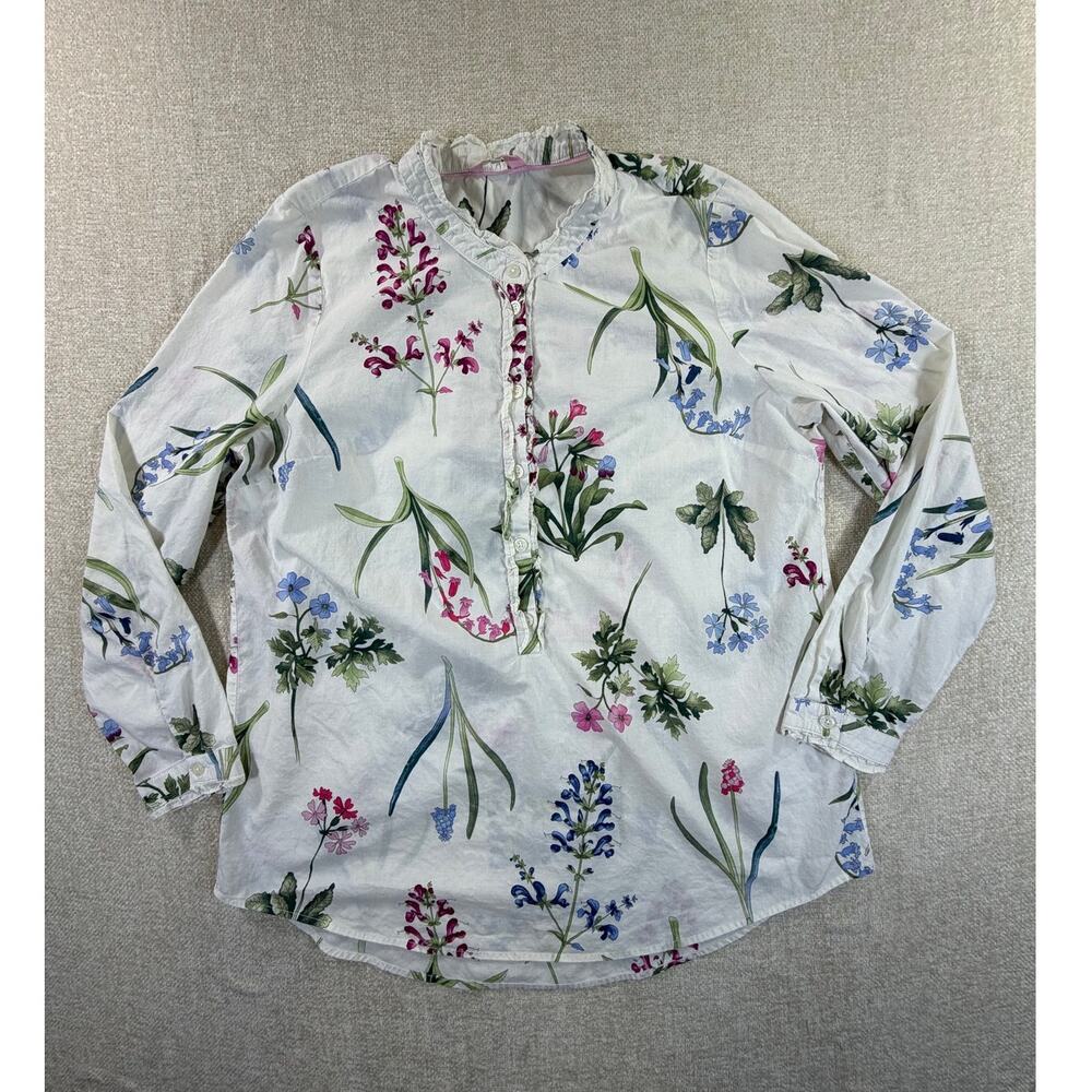 Joules Women's 10 White Floral Long Sleeve Henley Pullover Cottagecore Romantic
